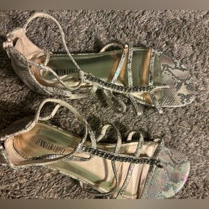 Jennifer Lopez Metallic Snake Print Gladiator Sandals